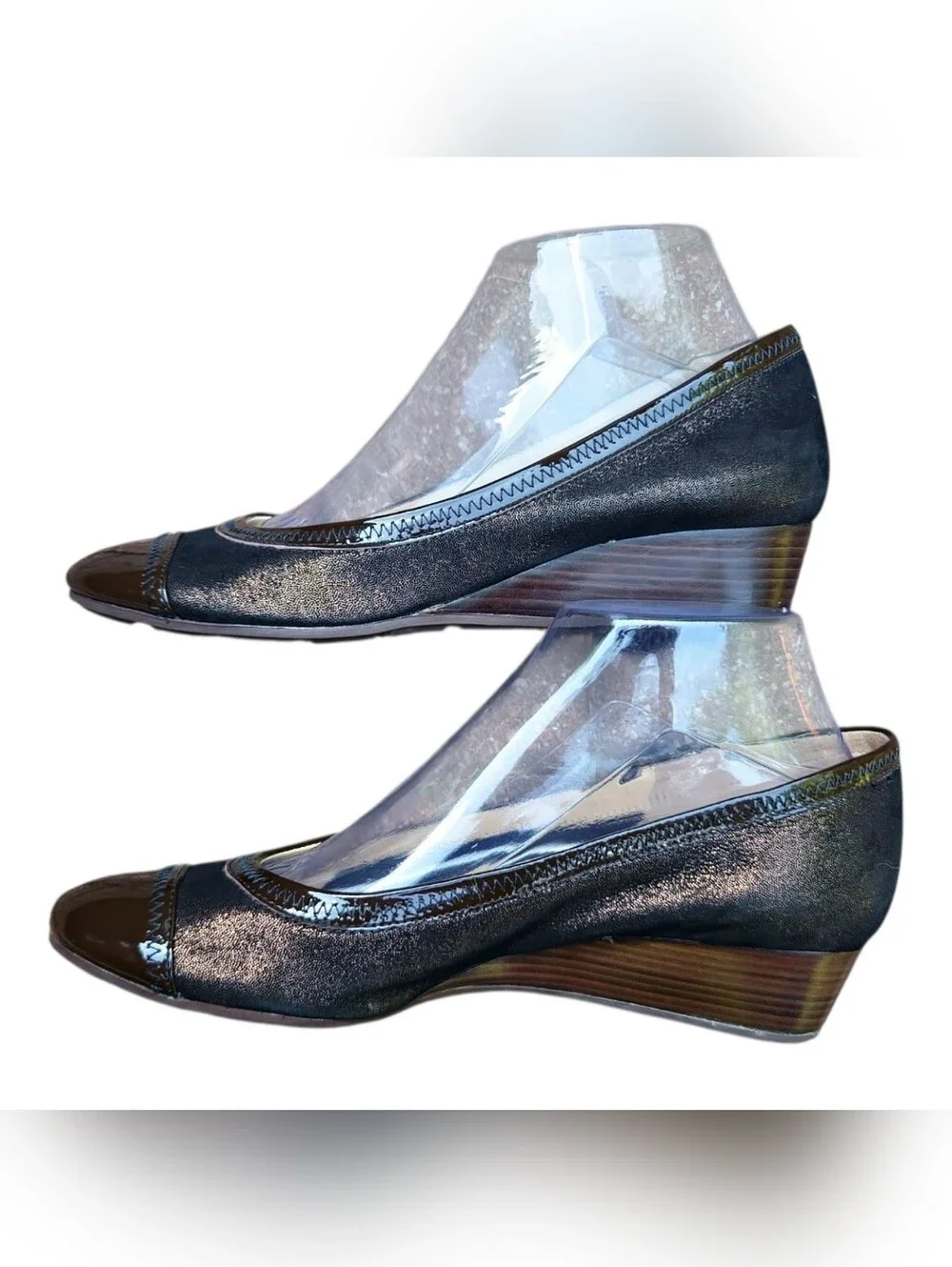 Cole Haan Nike Air Metallic Gunmetal Cap Toe Wedge Pumps Ballet Toe 8B Comfort